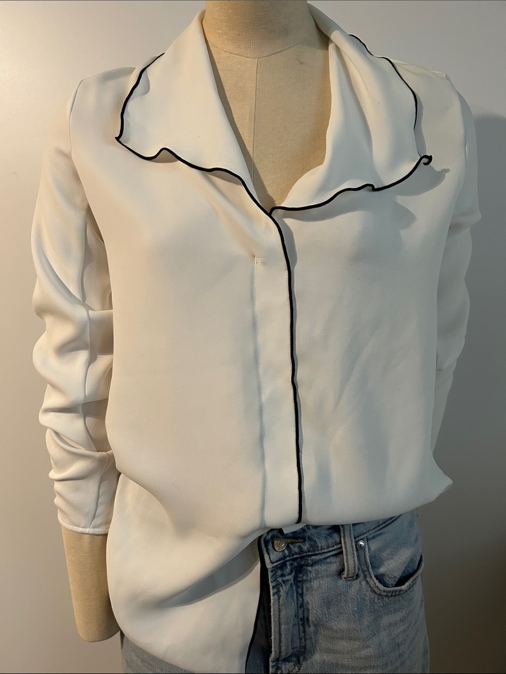 Babaton Cream Blouse with Black Piping and Ruffle Collar